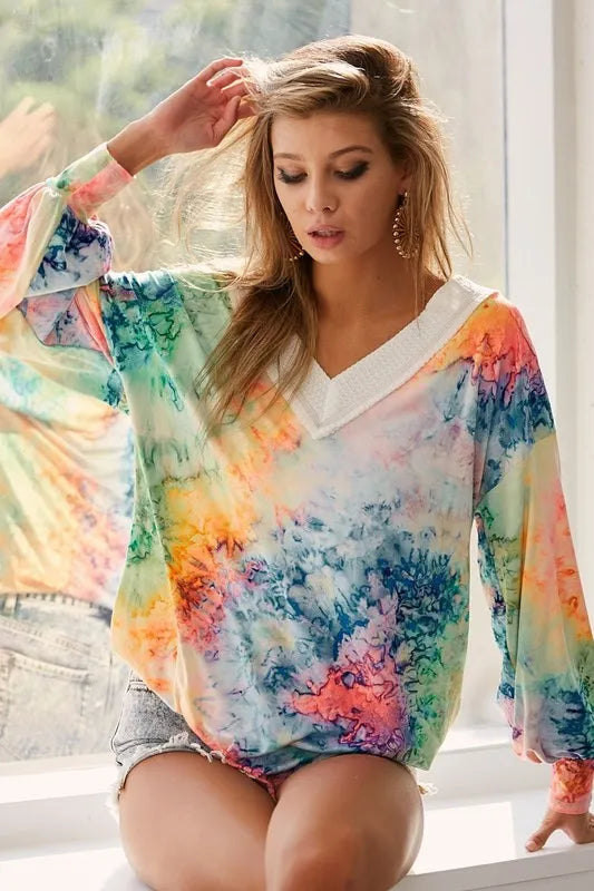 BiBi Tie Dye Soft Knit Jersey V-Neck Top